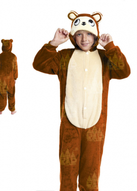 Fato de pijama macacão marrom com capuz para menino