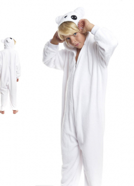 Fato de pijama de urso branco com capuz para menino