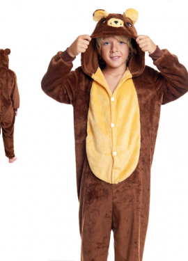 Fato de pijama de urso pardo com capuz para menino