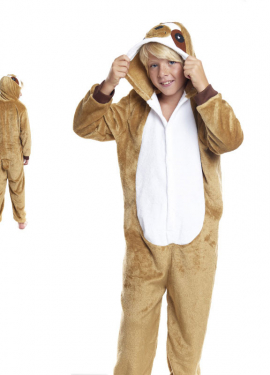 Fato de pijama de preguiça marrom com capuz para menino