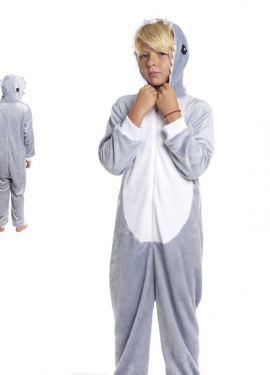 Fato de pijama de tubarão cinza com capuz para menino