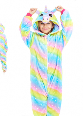 Fato de pijama de unicórnio arco-íris com capuz para menina