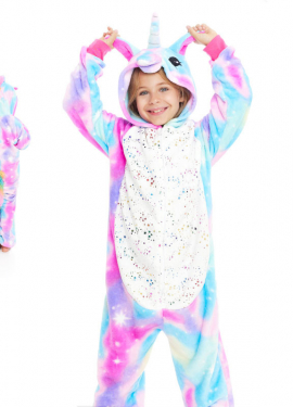 Fato de pijama de unicórnio azul e rosa com capuz para menina