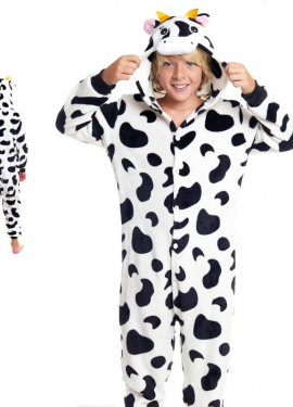 Fato de pijama vaca bolinhas pretas com capuz para menino