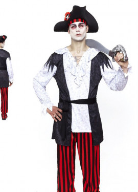 Fato masculina de pirata zumbi com listras vermelhas