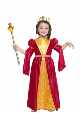 Fato de princesa medieval vermelha e dourada para menina