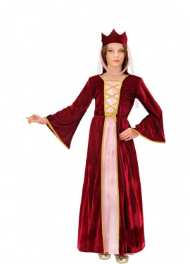Fato de rainha medieval bordô e rosa com coroa para menina