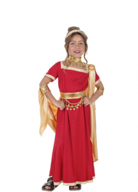 Fato de senadora romana vermelha e dourada para menina