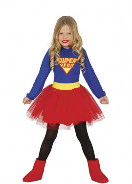 Fato de super heroína azul e vermelho com tutu para menina
