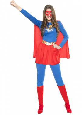 Fato de super heroína azul e vermelho para mulher