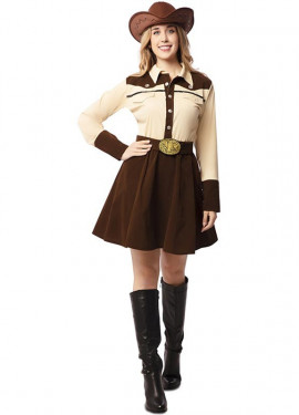 Fato de cowgirl bege e castanho com cinto para mulher