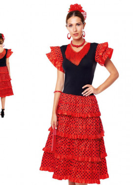 Fato de vestido Sevillana vermelho e preto para mulher