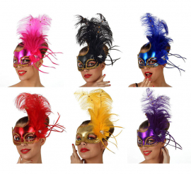 Venetian mask with feathers 6 assorted