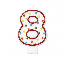 Vela de pontos coloridos com o número 8 para aniversários