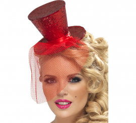 Red Burlesque Mini Top Hat with Veil for Women