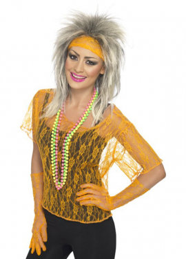Orange 80s Pop Costume or Kit: T-shirt, Gloves and Ribbon