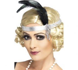Silver Charleston Satin Headband with Feather and Jewel