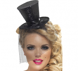 Mini Black Burlesque Top Hat with Veil for Women