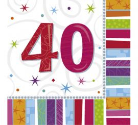 Bag of 16 Birthday Napkins with the number 40, 33x33cm