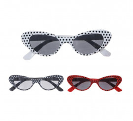 Óculos anos 50 com bolinhas coloridas variadas