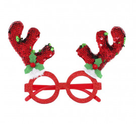 Óculos de rena com chifres vermelhos brilhantes