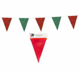 Guirlanda de 6m de Galhardetes Verdes e Vermelhos com Glitter de 16x20 cm