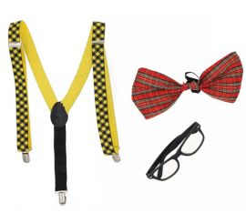 Kit colegial: suspensórios, gravata borboleta e óculos