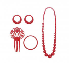 Kit Flamenco Vermelho: Colar, Brincos, Pulseira e Pente