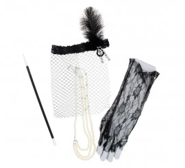 Black 1920s Kit: Mouthpiece, Gloves, Ribbon with Veil and Necklace