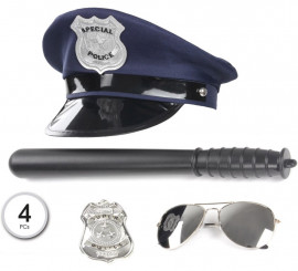 Kit policial azul: boné, óculos, bastão e distintivo