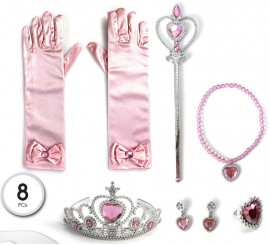 Pink Princess Kit for Girl: Crown, Necklace, Earrings, Ring, Gloves and Wand