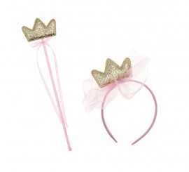 Kit Princesa Rosa e Dourado: Coroa e Varinha