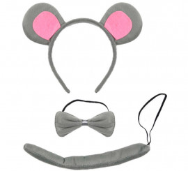 Kit Mouse Cinza: Tiara, Laço e Rabo