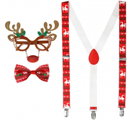 Kit Renas de Natal: Óculos com Nariz e Chifres, Suspensórios e Laço