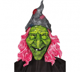 Máscara de bruxa verde com cabelo rosa