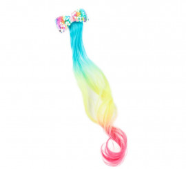 Fio com laço de lantejoulas azuis, amarelas e rosa