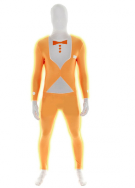 MORPHSUIT model fluorescent orange suit with bow tie