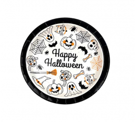 Pacote de 6 pratos com estampa Happy Halloween em preto e branco de 18 cm