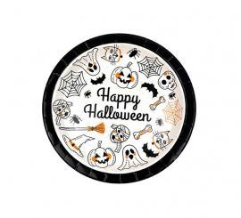 Pack of 6 Happy Halloween Print black and white plates of 23 cm