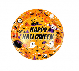 Pacote de 6 pratos laranja com estampa Happy Halloween de 23 cm
