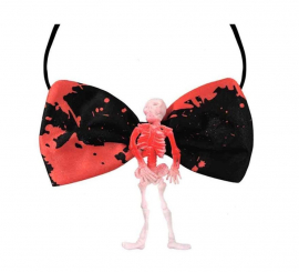 Gravata borboleta preta e vermelha com esqueleto