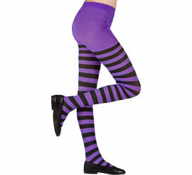Meia-calça roxa com listras pretas, 70 denier para meninas