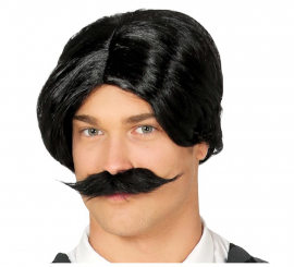Black 80s Wig with Mustache