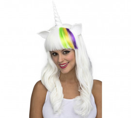 Peruca unicórnio branca com chifre e orelhas