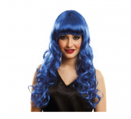 Peruca de cabelo Katy com cachos e franja azul