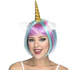 Peruca unicórnio multicolor com chifre e orelhas