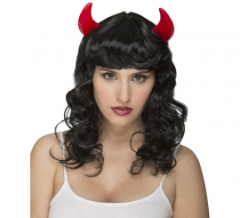 Wavy Black Wig with Demon Horns