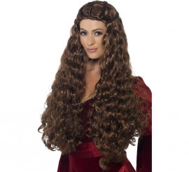 Peruca de princesa medieval marrom extra longa