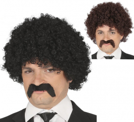 Peruca cacheada com bigode em diversas cores
