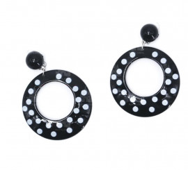 Brincos médios ovais pretos com bolinhas brancas